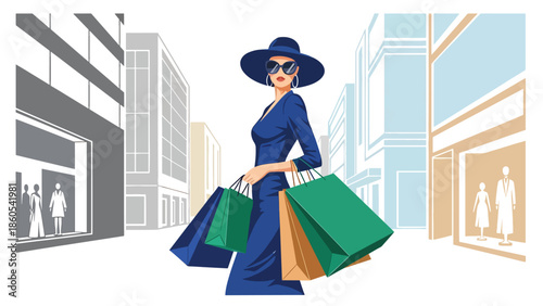 Modern vector illustration of fashionable woman shopping with luxury bags in city street, high-end fashion and premium consumer lifestyle concept