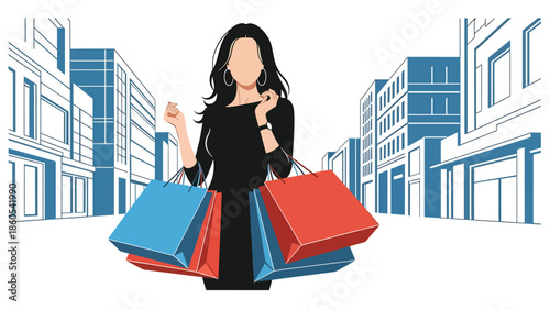 Modern vector illustration of fashionable woman shopping with luxury bags in city street, high-end fashion and premium consumer lifestyle concept