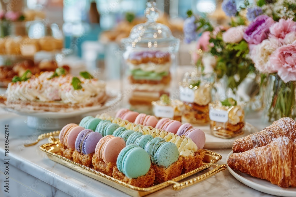 Naklejka premium Colorful Macarons and Pastries Displayed on Elegant Table with Flower Arrangement, Perfect for Celebrations, Events, and Gourmet Food Photography