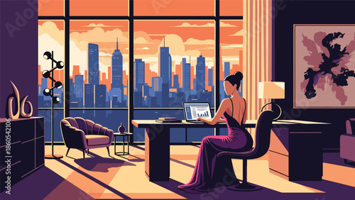 Modern vector illustration of confident woman working in luxury penthouse with city skyline view, success, wealth, and executive lifestyle concept