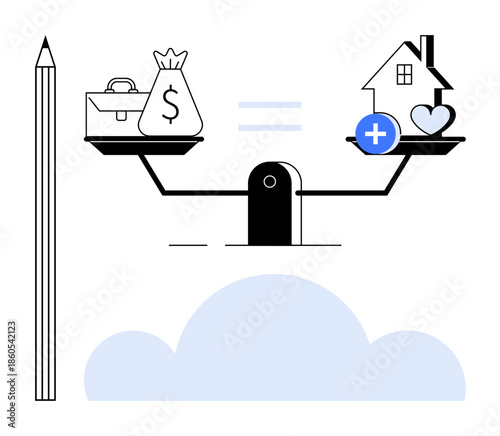 Balance concept. Scale financial stability against personal well-being and home lifestyle. Balance highlights priorities of money, family, and health. Perfect for finance, lifestyle, wellness