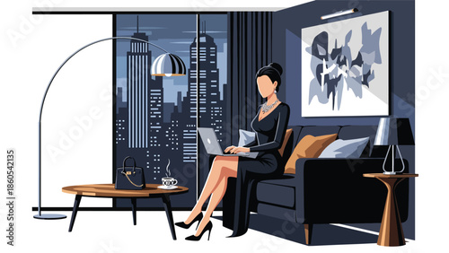 Modern vector illustration of confident woman working in luxury penthouse with city skyline view, success, wealth, and executive lifestyle concept