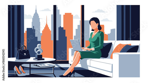 Modern vector illustration of confident woman working in luxury penthouse with city skyline view, success, wealth, and executive lifestyle concept