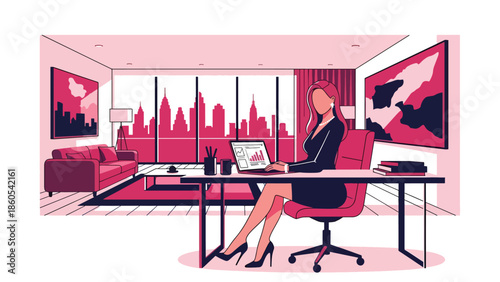 Modern vector illustration of confident woman working in luxury penthouse with city skyline view, success, wealth, and executive lifestyle concept