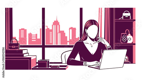 Modern vector illustration of confident woman working in luxury penthouse with city skyline view, success, wealth, and executive lifestyle concept