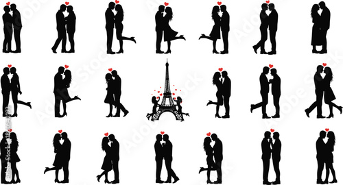 Romantic couple silhouettes collection, love and kissing poses, Valentine theme, Eiffel Tower scene, black vector illustration set