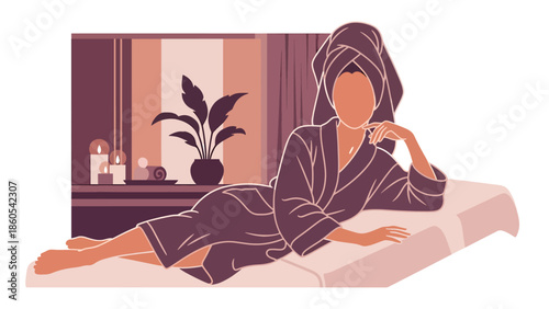 Modern vector illustration of woman relaxing at luxury spa, wellness, self-care, and premium beauty lifestyle concept ideal for health branding
