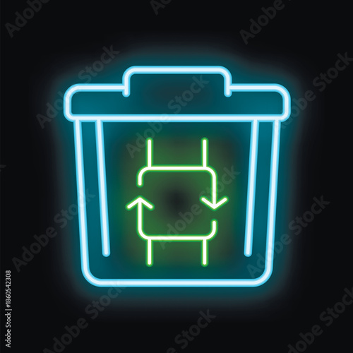 Glowing blue neon sign of a trash can with a green recycling symbol on the front, promoting environmental awareness and waste reduction