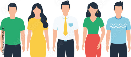 Faceless people character set with men and women standing together in casual outfits isolated flat vector illustration