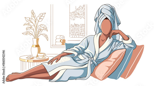 Modern vector illustration of woman relaxing at luxury spa, wellness, self-care, and premium beauty lifestyle concept ideal for health branding