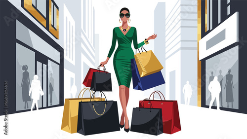 Modern vector illustration of fashionable woman shopping with luxury bags in city street, high-end fashion and premium consumer lifestyle concept