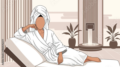 Modern vector illustration of woman relaxing at luxury spa, wellness, self-care, and premium beauty lifestyle concept ideal for health branding