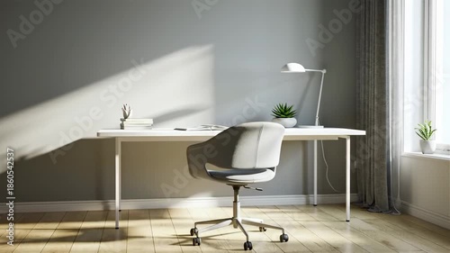 A minimalist home office with a white desk and chair, illuminated by natural light from a nearby window and a desk lamp