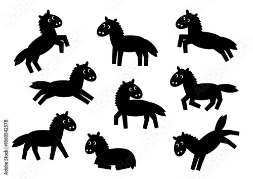 黒シルエットのかわいい馬ポーズセット