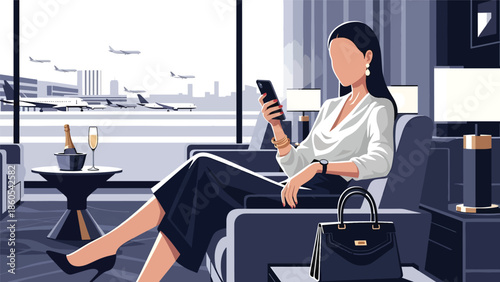 Modern vector illustration of elegant woman using smartphone in first-class airport lounge, premium business travel and luxury mobility concept
