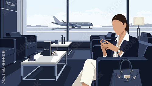 Modern vector illustration of elegant woman using smartphone in first-class airport lounge, premium business travel and luxury mobility concept