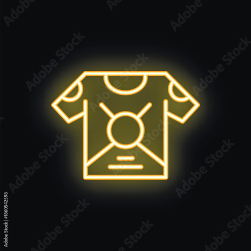 Yellow neon sign of a t shirt with a modern design glowing on a black background