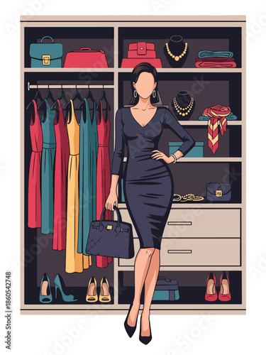 Modern vector illustration of fashionable woman in luxury walk-in closet, high-end fashion, elegance, and premium lifestyle concept