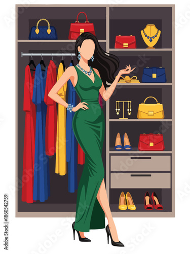 Modern vector illustration of fashionable woman in luxury walk-in closet, high-end fashion, elegance, and premium lifestyle concept