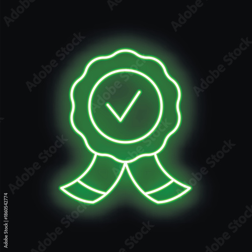 Green neon approved sign is glowing on dark background, concept of quality control or guarantee
