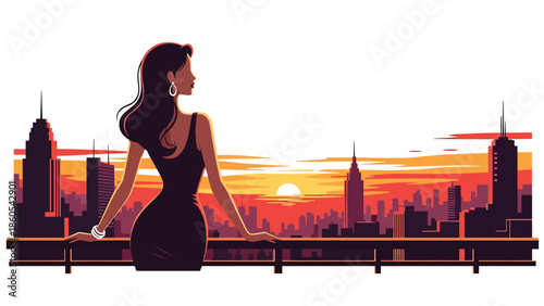 Modern vector illustration of elegant woman standing on balcony overlooking city skyline, aspirational success and luxury lifestyle concept