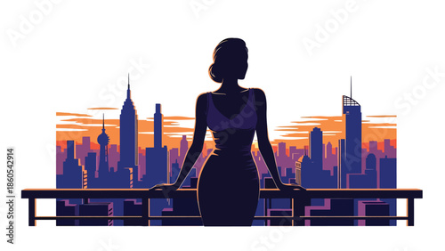 Modern vector illustration of elegant woman standing on balcony overlooking city skyline, aspirational success and luxury lifestyle concept