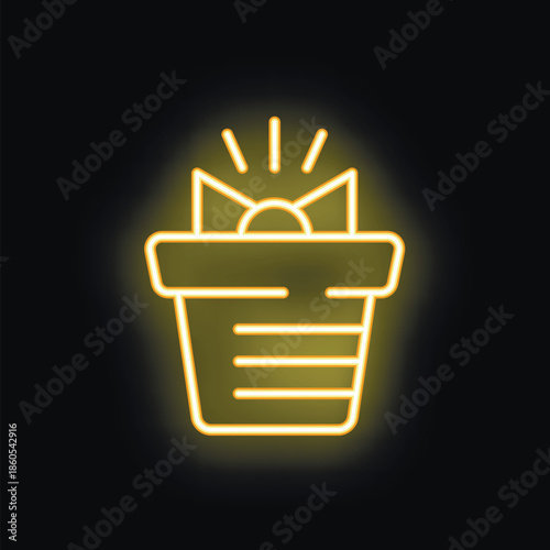 Yellow neon glowing symbol of a gift box with a bow on a black background