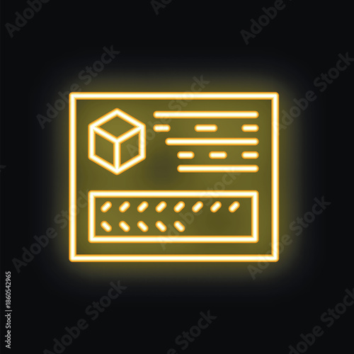 Glowing yellow neon icon of a product label with a barcode, cube logo, and product information