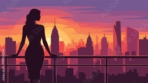 Modern vector illustration of elegant woman standing on balcony overlooking city skyline, aspirational success and luxury lifestyle concept