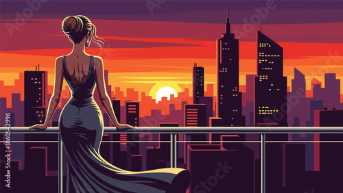 Modern vector illustration of elegant woman standing on balcony overlooking city skyline, aspirational success and luxury lifestyle concept