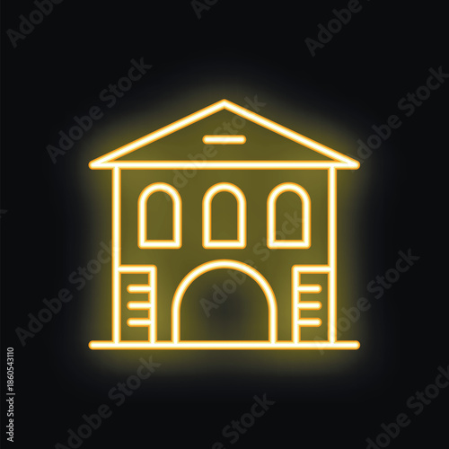 Glowing neon line illustration of a building with large entryway, suitable for architecture or urban design concepts