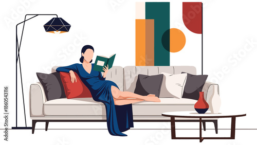 Modern vector illustration of elegant woman reading on designer sofa, calm luxury lifestyle and refined leisure concept