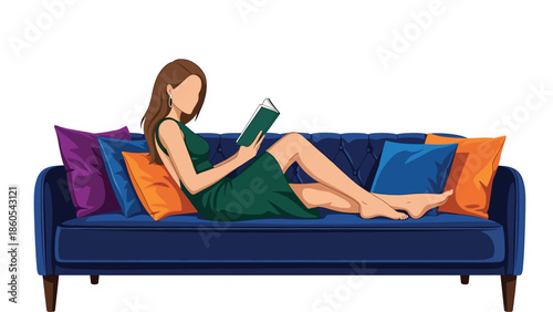 Modern vector illustration of elegant woman reading on designer sofa, calm luxury lifestyle and refined leisure concept