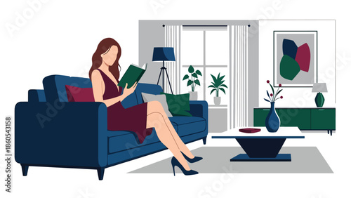 Modern vector illustration of elegant woman reading on designer sofa, calm luxury lifestyle and refined leisure concept