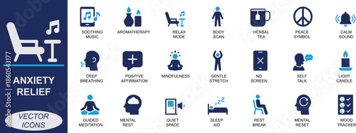 Minimal anxiety relief icon set. Featuring calm, breathing, therapy, meditation, mood, rest, and mindfulness symbols. Ideal for apps, UI, self-care, and mental wellness use.