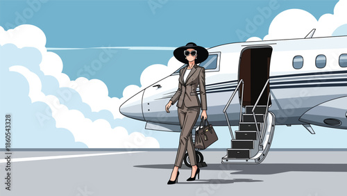 Modern vector illustration of stylish woman boarding private jet, elite travel, wealth, and luxury lifestyle concept