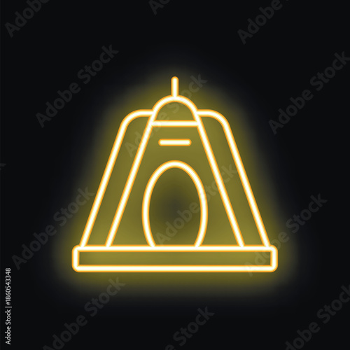 Neon yellow glowing symbol of a tourist tent on black background
