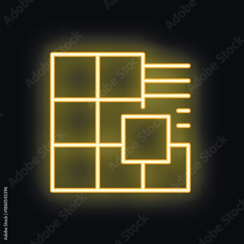 Neon yellow icon of a package leaving a grid on a black background, representing a delivery service