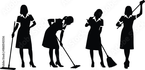 Housekeeping Cleaning Women Silhouettes Set with Professional Maid Service Staff Mopping Sweeping and Dusting Isolated on White Background Vector Graphic (20 words)