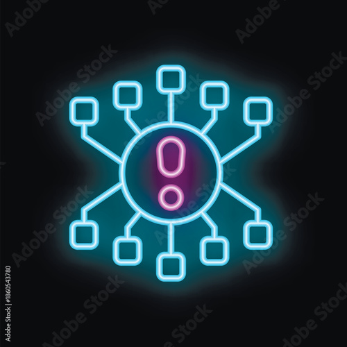 Neon style icon of a network experiencing problems, represented by a central exclamation point