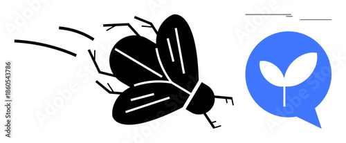 Black fly flying with motion lines connected to a blue speech bubble containing a white leaf. Ideal for communication, sustainability, agriculture, nature, insects, eco-awareness, pollution. Simple