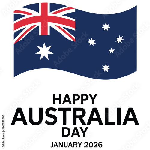 Happy Australia Day 2026 patriotic vector illustration with waving australian flag and bold typography for national celebration