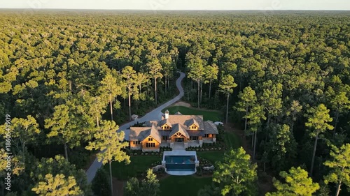 Aerial View of Stunning Luxury Home with Pool Surrounded by Dense Forest at Sunset