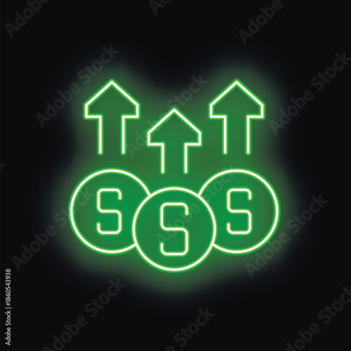 Neon green dollar sign increasing with up arrows on black background concept for business and finance