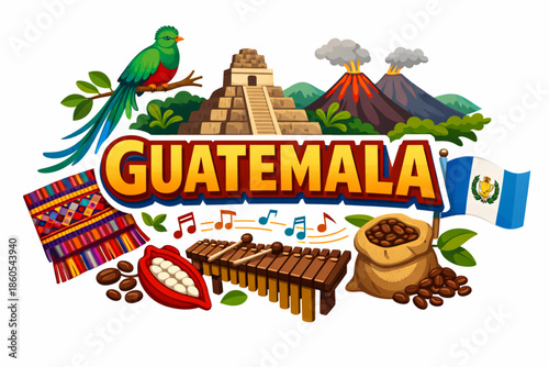 Guatemala culture vector illustration with Mayan ruins quetzal mountains textiles and national symbols