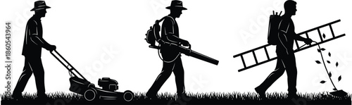 Landscaping service workers silhouette set with lawn mower leaf blower and ladder working on grass for garden maintenance and backyard care