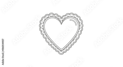 A simple outline drawing of a heart-shaped frame with a scalloped edge and delicate inner lines on a white background.