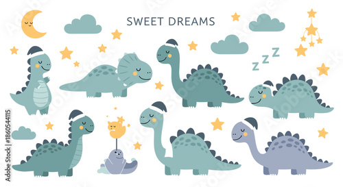 An adorable set of cute cartoon sleeping dinosaurs wearing nightcaps surrounded by stars clouds and a moon, "Sweet Dreams".