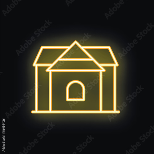 Yellow neon icon of a dog house glowing on a black brick wall