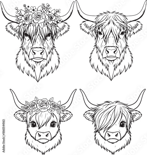 Charming highland cow and calf heads in black and white with floral wreaths and shaggy hair